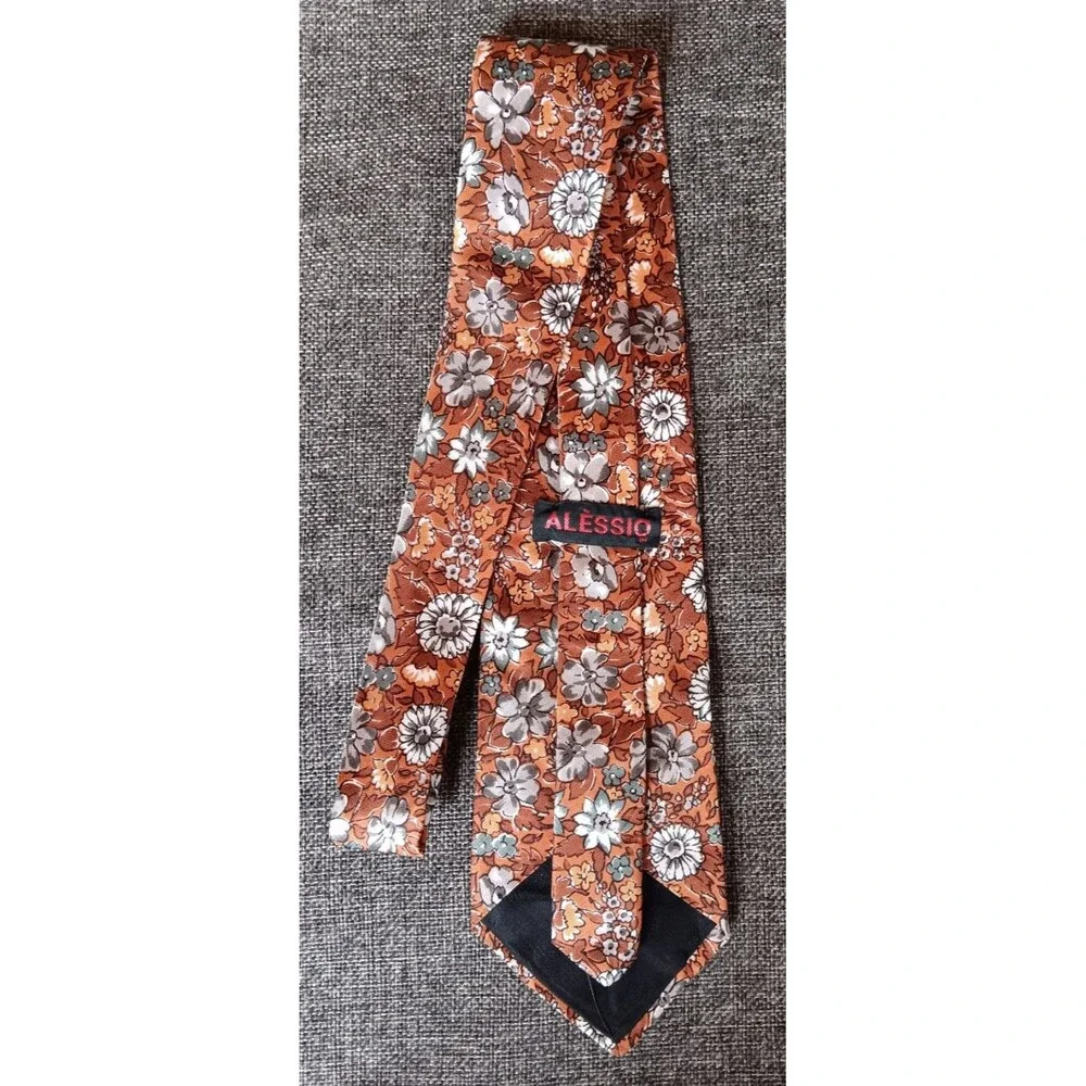 Tie 70s 80s 90s Y2K Mens Alessio Silk Brown Gray Floral 3.75 Wide 54 Long